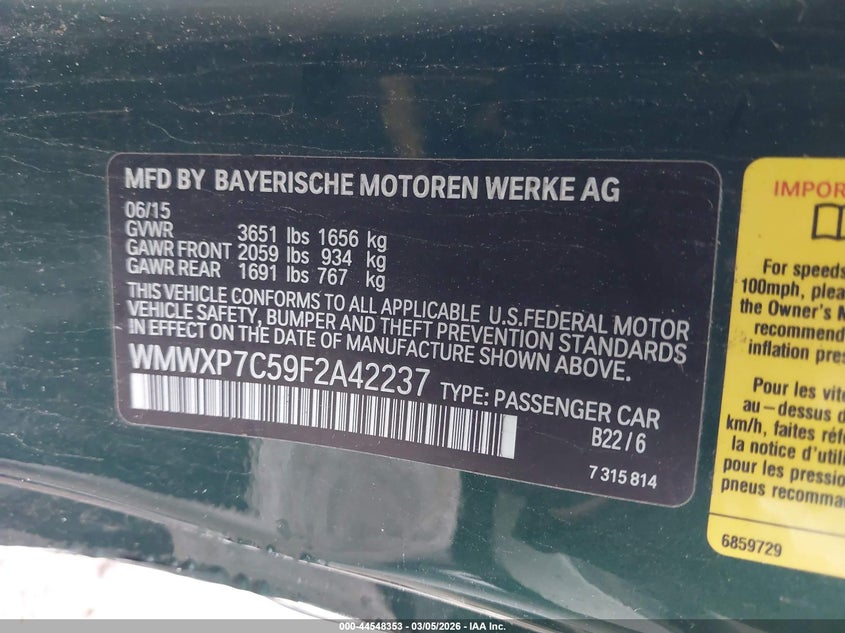 2015 Mini Hardtop Cooper S VIN: WMWXP7C59F2A42237 Lot: 44548353