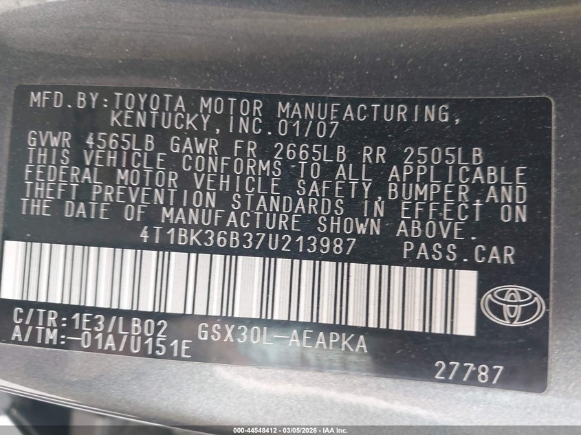 2007 Toyota Avalon Limited VIN: 4T1BK36B37U213987 Lot: 44548412