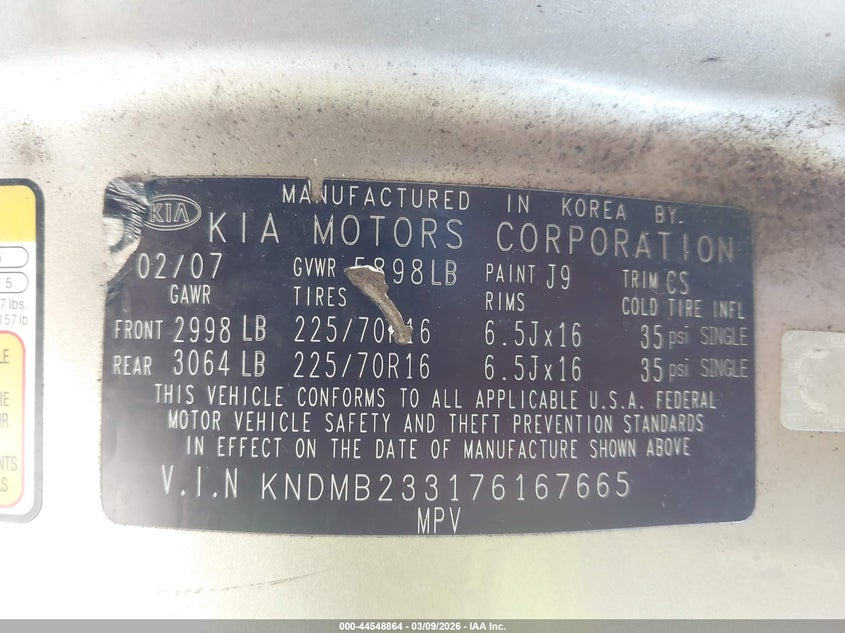 2007 Kia Sedona Lx VIN: KNDMB233176167665 Lot: 44548864
