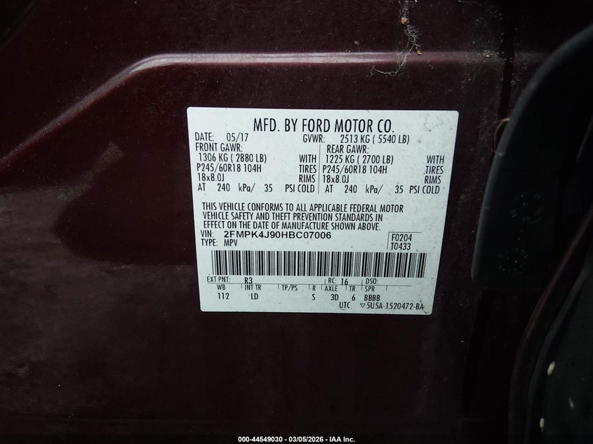 VIN 2FMPK4J90HBC07006 2017 FORD EDGE SEL