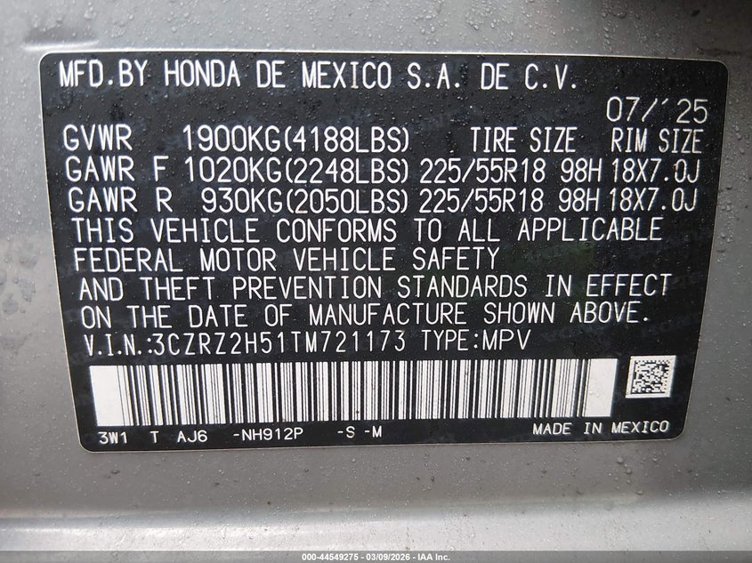 VIN 3CZRZ2H51TM721173 2026 HONDA HR-V AWD SPORT
