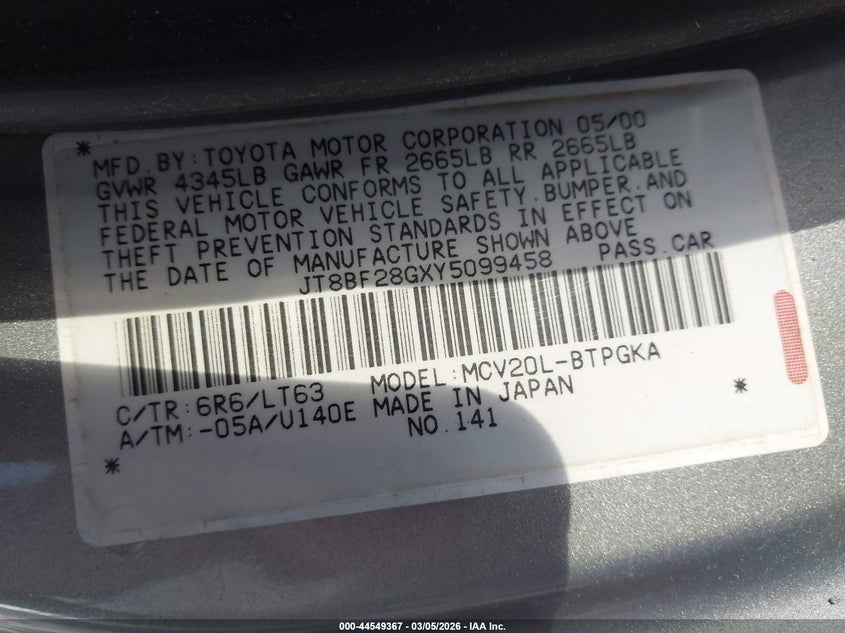 2000 Lexus Es 300 VIN: JT8BF28GXY5099458 Lot: 44549367