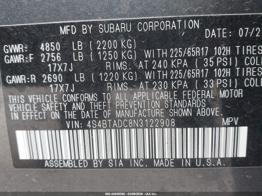 2022 Subaru Outback Premium VIN: 4S4BTADC8N3122908 Lot: 44549388