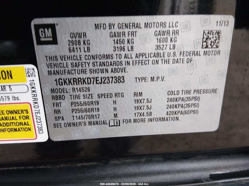 2014 GMC Acadia Slt-1 VIN: 1GKKRRKD7EJ237383 Lot: 44549475