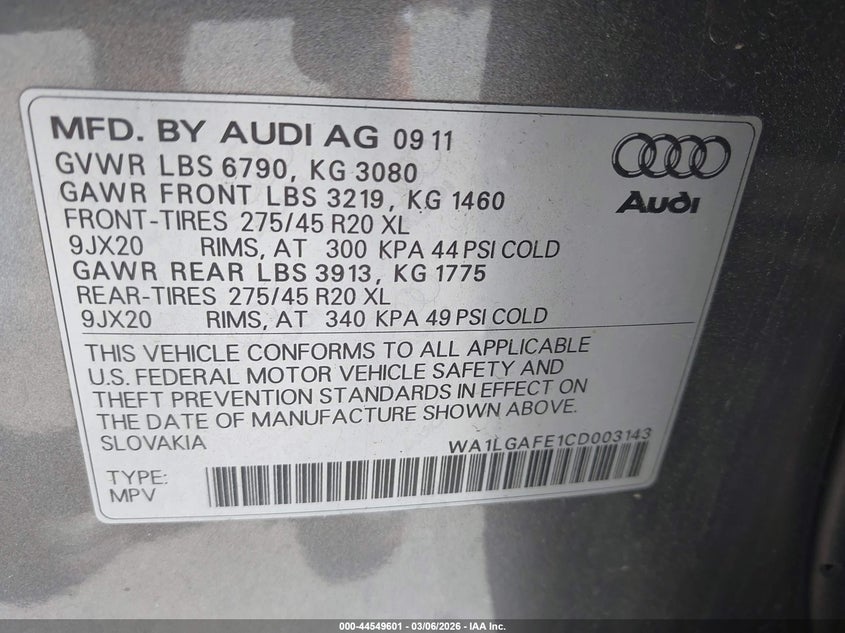 2012 Audi Q7 3.0T Premium VIN: WA1LGAFE1CD003143 Lot: 44549601