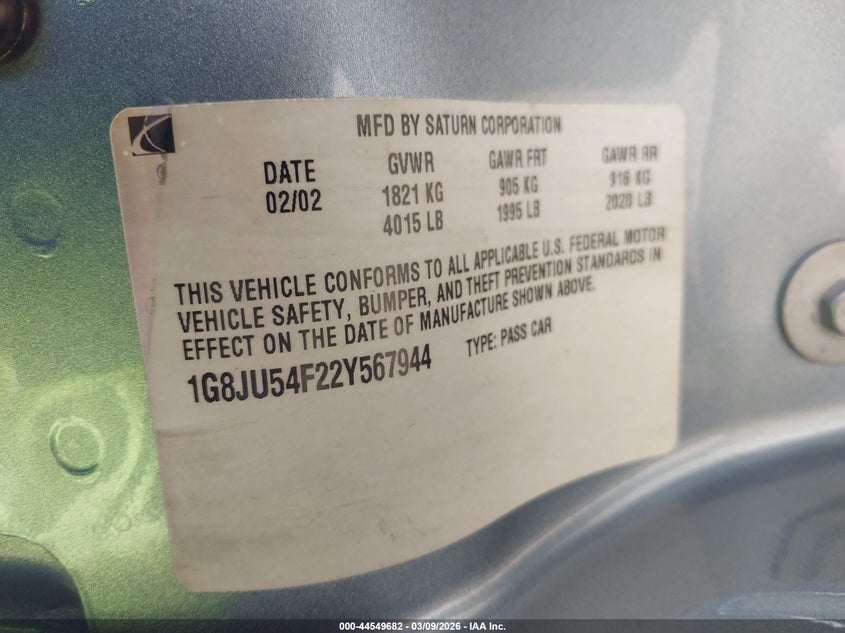 2002 Saturn L-Series L200 VIN: 1G8JU54F22Y567944 Lot: 44549682