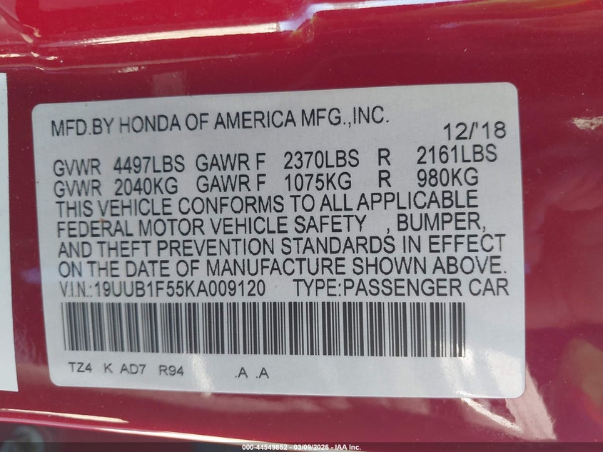 2019 Acura Tlx Tech Pkg VIN: 19UUB1F55KA009120 Lot: 44549852