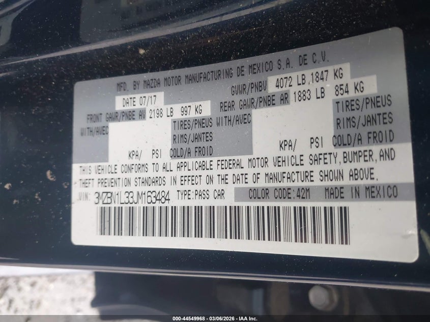 2018 Mazda Mazda3 Touring VIN: 3MZBN1L33JM163484 Lot: 44549968