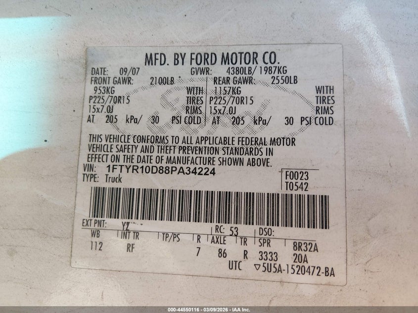 2008 Ford Ranger Xl/Xlt VIN: 1FTYR10D88PA34224 Lot: 44550116