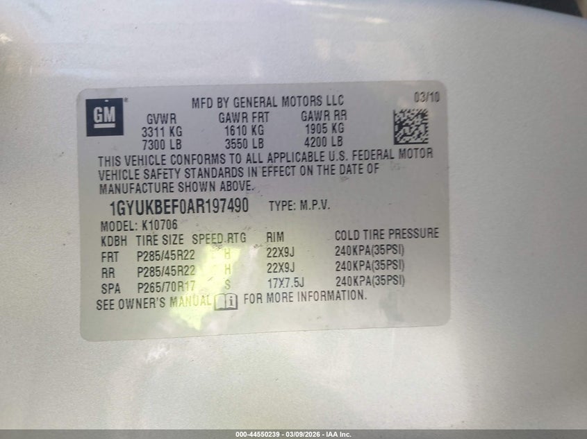 2010 Cadillac Escalade Luxury VIN: 1GYUKBEF0AR197490 Lot: 44550239