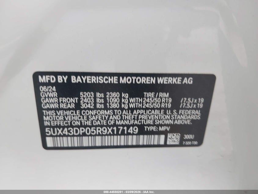 2024 BMW X3 Sdrive30I VIN: 5UX43DP05R9X17149 Lot: 44550281