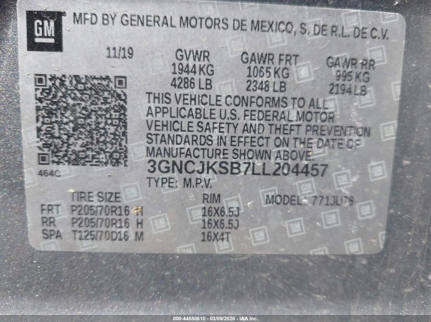 VIN 3GNCJKSB7LL204457 2020 CHEVROLET TRAX FWD LS
