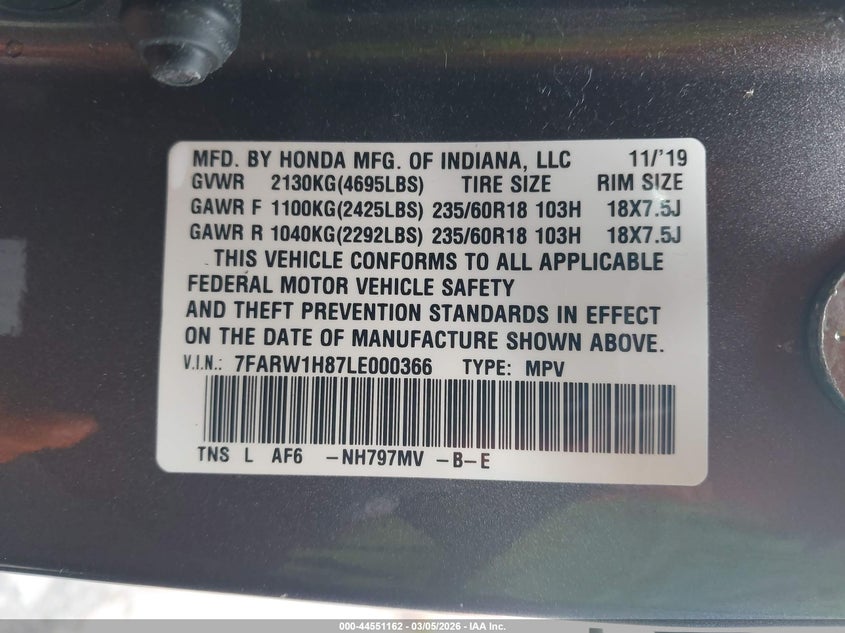 VIN 7FARW1H87LE000366 2020 HONDA CR-V 2WD EX-L