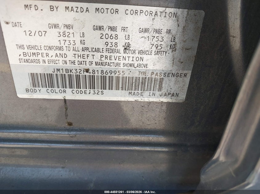 2008 MAZDA 3 SEDAN 2.0L I-4 DOHC, 144HP