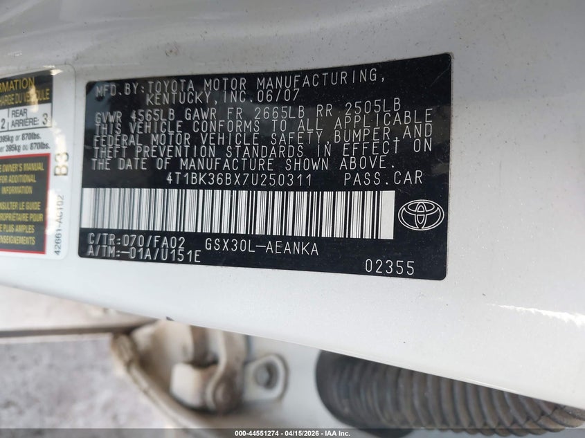 2007 Toyota Avalon Xl VIN: 4T1BK36BX7U250311 Lot: 44551274
