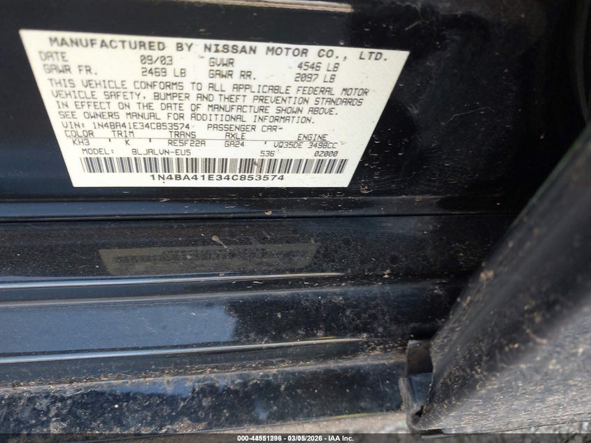 2004 Nissan Maxima 3.5 Se VIN: 1N4BA41E34C853574 Lot: 44551296