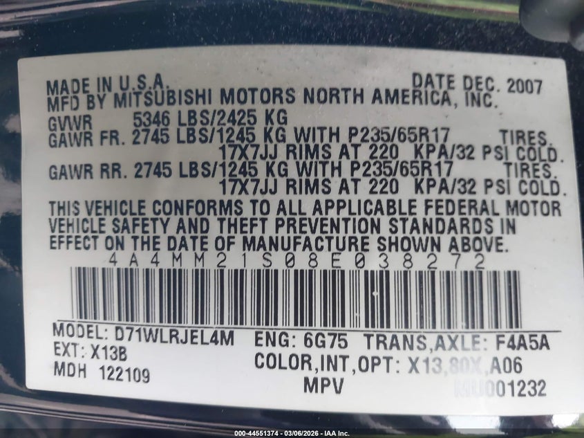 2008 Mitsubishi Endeavor Ls VIN: 4A4MM21S08E038272 Lot: 44551374