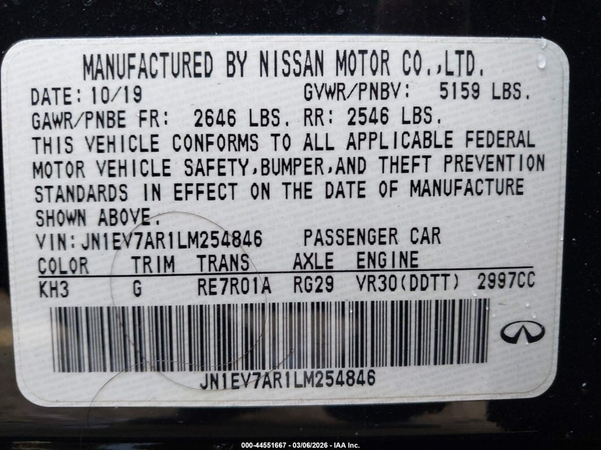 2020 Infiniti Q50 Luxe Awd VIN: JN1EV7AR1LM254846 Lot: 44551667