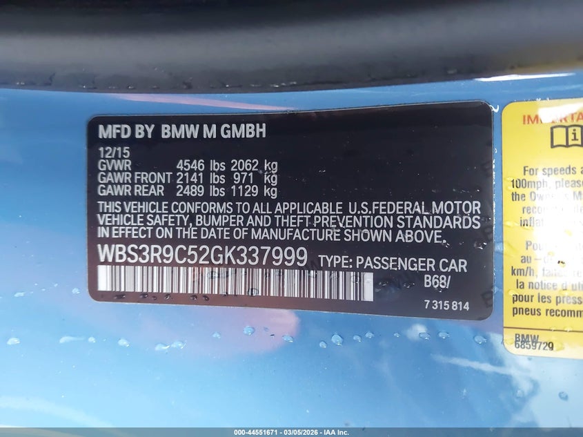 2016 BMW M4 VIN: WBS3R9C52GK337999 Lot: 44551671