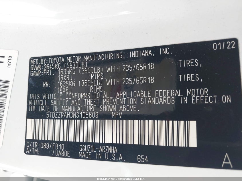 2022 Toyota Highlander Le VIN: 5TDZZRAH3NS105609 Lot: 44551738