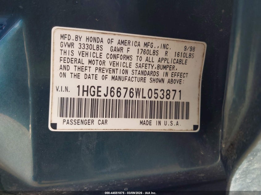 1998 Honda Civic Lx VIN: 1HGEJ6676WL053871 Lot: 44551875