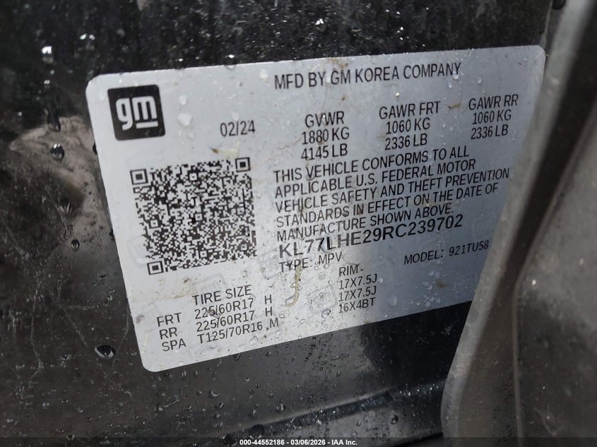 2024 Chevrolet Trax Fwd Lt VIN: KL77LHE29RC239702 Lot: 44552186