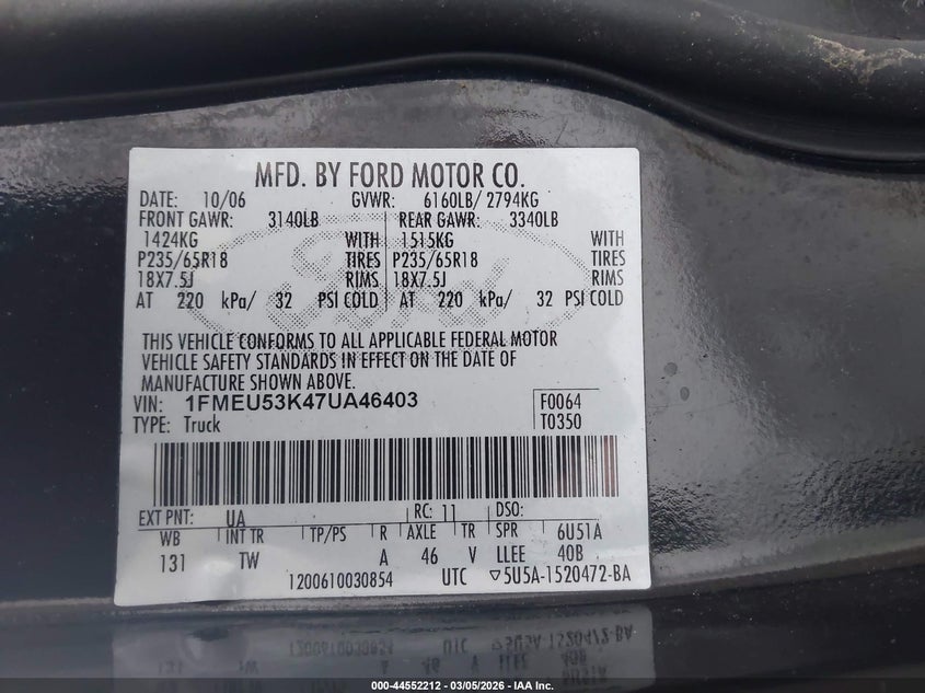 2007 Ford Explorer Sport Trac Limited VIN: 1FMEU53K47UA46403 Lot: 44552212