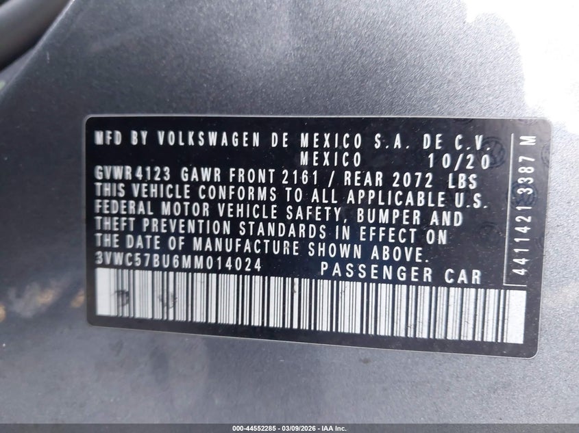 2021 Volkswagen Jetta 1.4T R-Line/1.4T S/1.4T Se VIN: 3VWC57BU6MM014024 Lot: 44552285