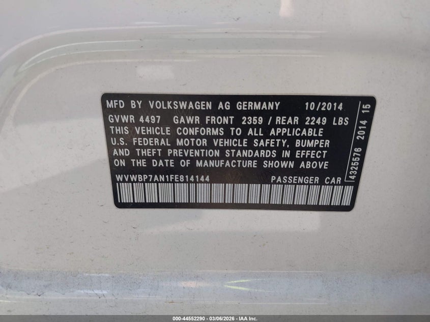 2015 Volkswagen Cc 2.0T R-Line VIN: WVWBP7AN1FE814144 Lot: 44552290