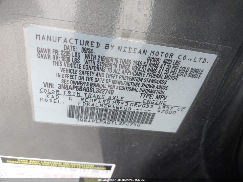 NISSAN KICKS 2025 VIN 3N8AP6BA0SL322740