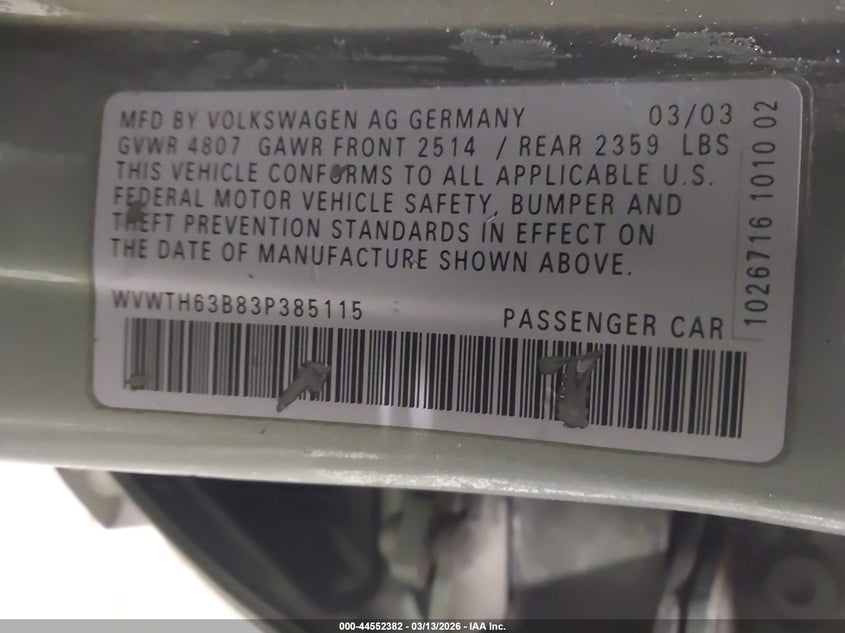 2003 Volkswagen Passat Glx VIN: WVWTH63B83P385115 Lot: 44552382