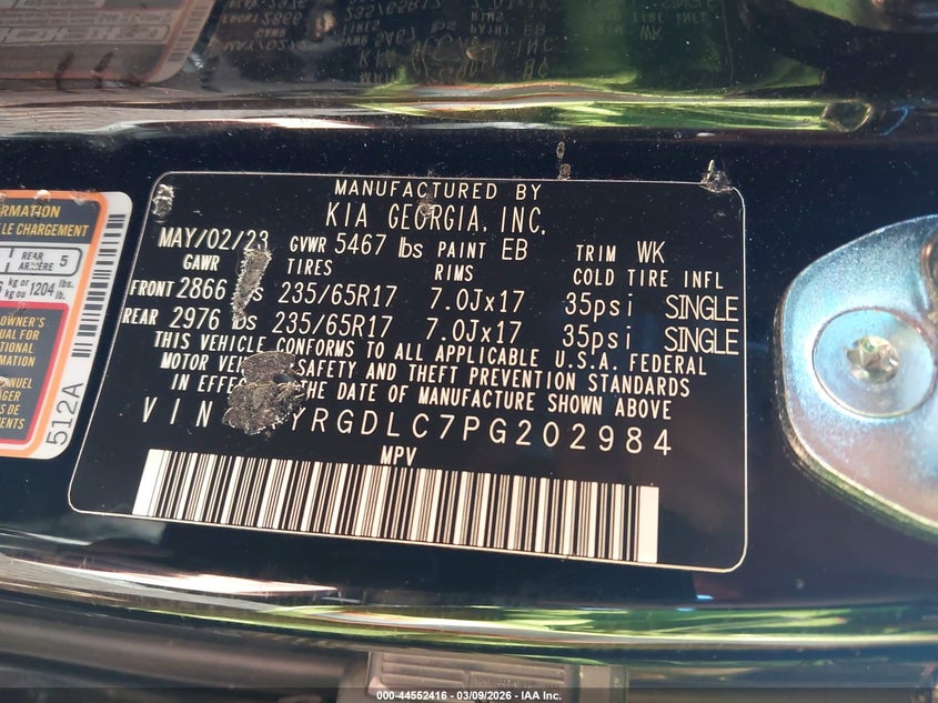 2023 Kia Sorento Lx VIN: 5XYRGDLC7PG202984 Lot: 44552416