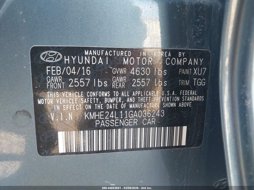 2016 Hyundai Sonata Hybrid Se VIN: KMHE24L11GA036243 Lot: 44552651