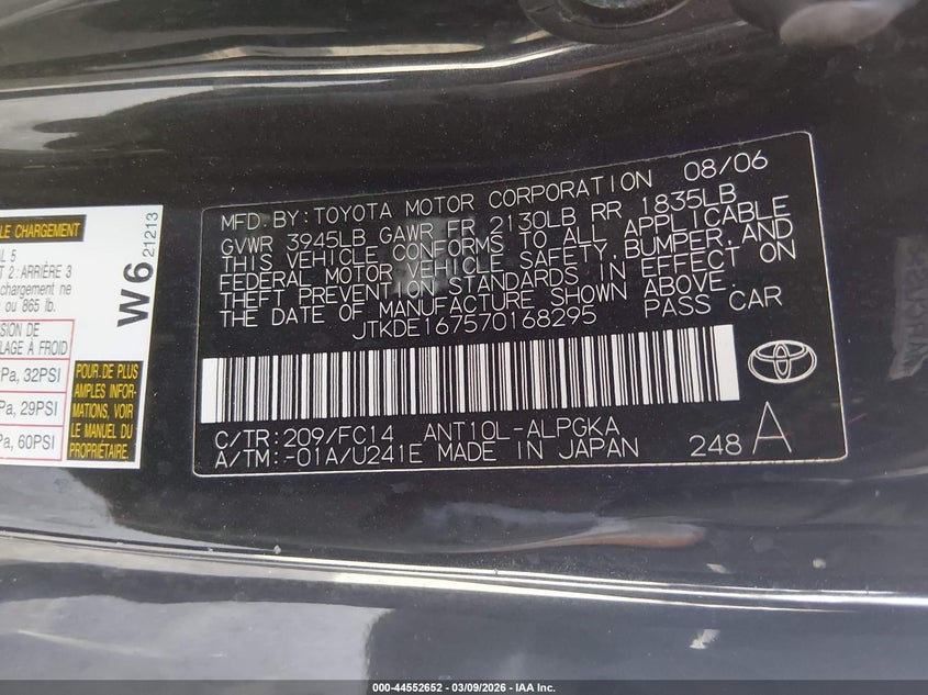 SCION TC 2007 VIN JTKDE167570168295