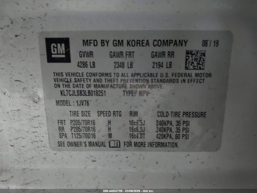 VIN KL7CJLSB3LB018251 2020 CHEVROLET TRAX FWD LT