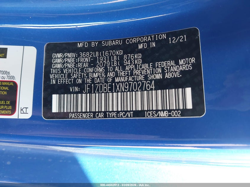 2022 Subaru Brz Limited VIN: JF1ZDBE1XN9702764 Lot: 44552913