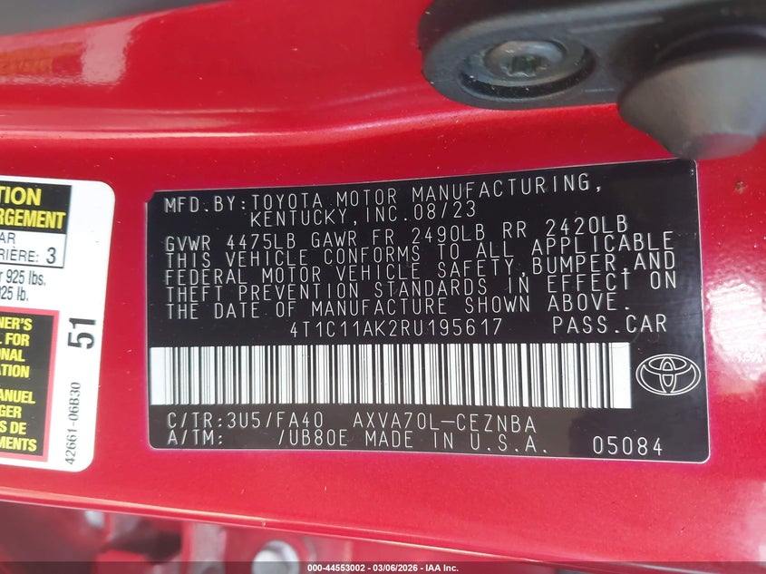 TOYOTA CAMRY 2024 VIN 4T1C11AK2RU195617