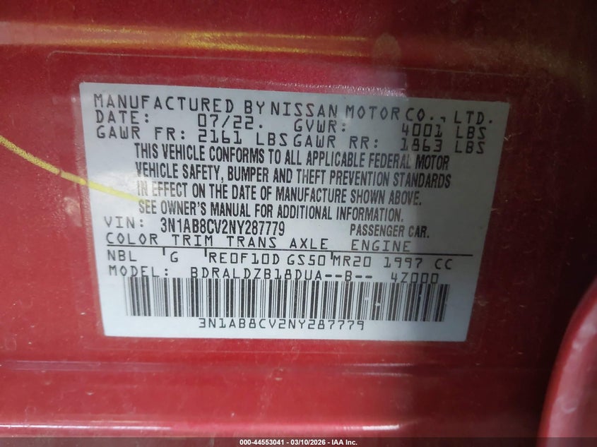 VIN 3N1AB8CV2NY287779 2022 NISSAN SENTRA SV XTRONIC CVT