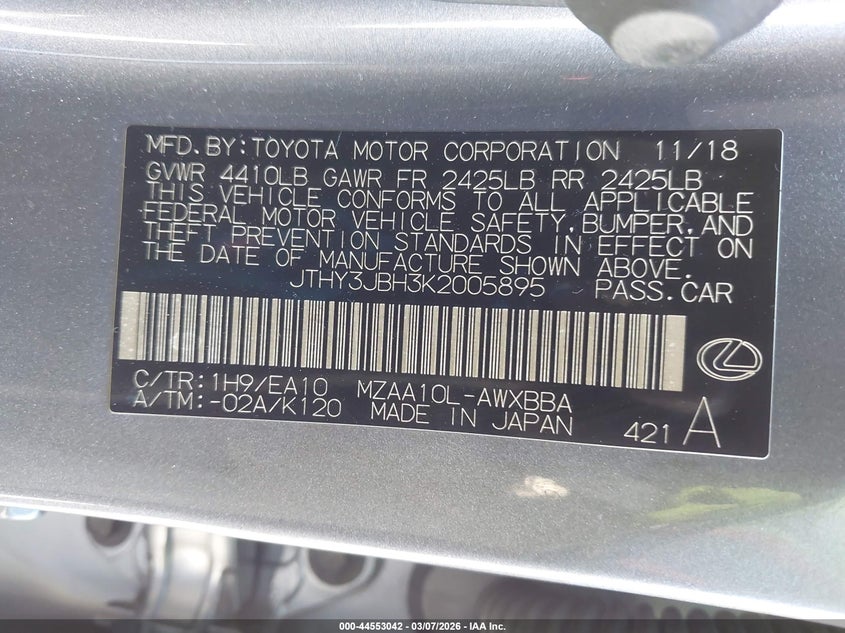 2019 Lexus Ux 200 VIN: JTHY3JBH3K2005895 Lot: 44553042