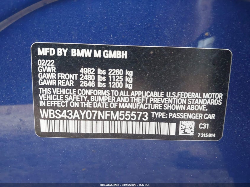 2022 BMW M3 Competition xDrive VIN: WBS43AY07NFM55573 Lot: 44553233