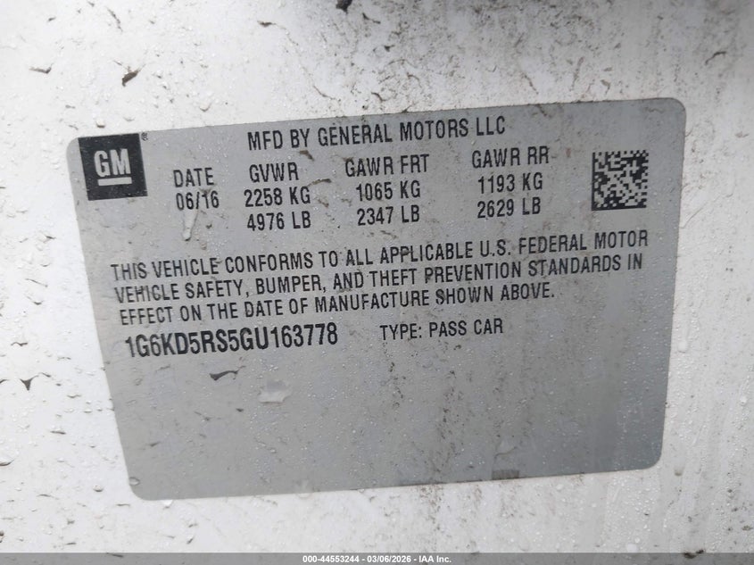 2016 Cadillac Ct6 Luxury VIN: 1G6KD5RS5GU163778 Lot: 44553244