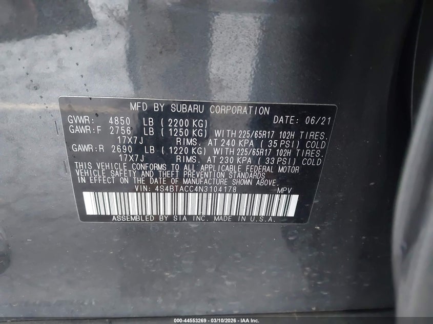 2022 SUBARU OUTBACK SPORT UTILITY VEHICLE 2.5L H-4 DI, DOHC, VVT, 182HP