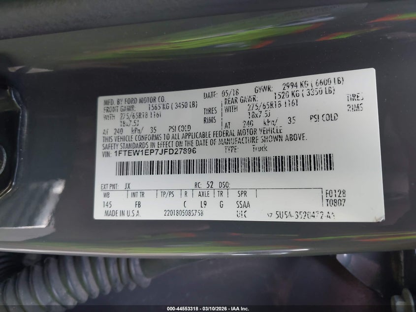 VIN 1FTEW1EP7JFD27896 2018 FORD F-150 LARIAT/XL/XLT