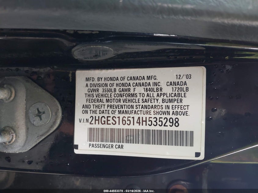 2004 Honda Civic Lx VIN: 2HGES16514H535298 Lot: 44553378