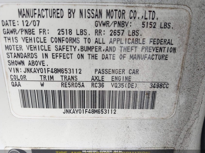 2008 Infiniti M35X VIN: JNKAY01F48M653112 Lot: 44553501