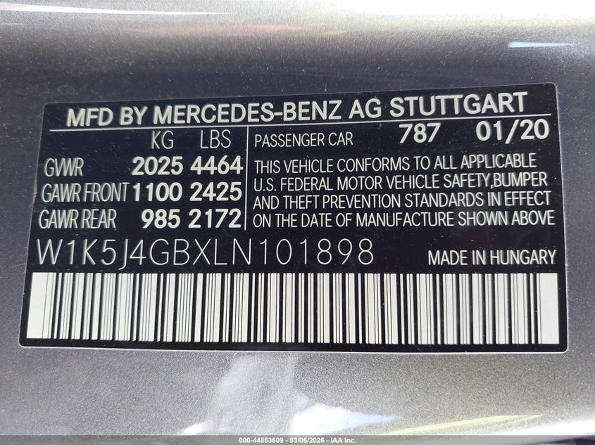 2020 Mercedes-Benz Cla 250 VIN: W1K5J4GBXLN101898 Lot: 44553609