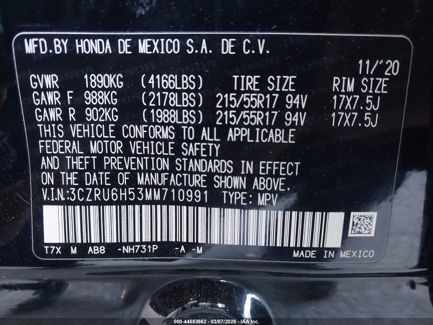 2021 Honda Hr-V Awd Ex VIN: 3CZRU6H53MM710991 Lot: 44553662