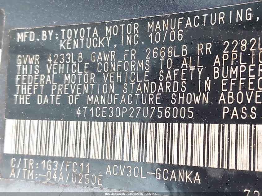 2007 Toyota Camry Solara Sport VIN: 4T1CE30P27U756005 Lot: 44553726