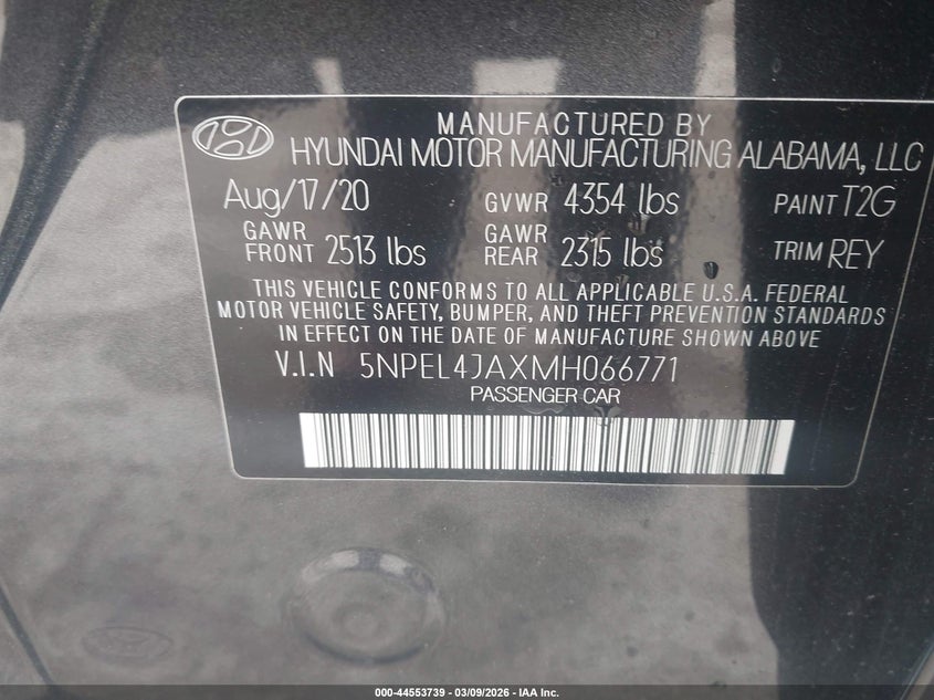 2021 Hyundai Sonata Sel VIN: 5NPEL4JAXMH066771 Lot: 44553739