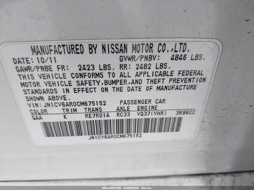 2012 Infiniti G37X VIN: JN1CV6AR0CM675152 Lot: 44553796